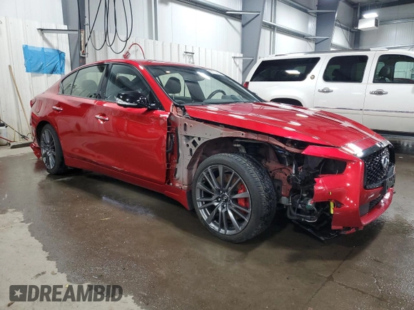 2021 Infiniti Q50 Red Sport 400 with VIN JN1FV7DR0MM880308, listed as a Copart auction lot 86103434 with 27,845 mi miles and Salvage Title. Bid and sale history available at DreamBid. Image 4.