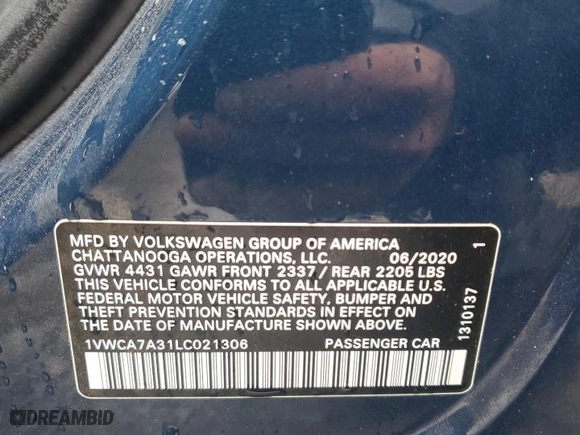 2020 Volkswagen Passat 2.0T SEL with VIN 1VWCA7A31LC021306, listed as a Copart auction lot 44201725 with 34,006 mi miles and Salvage Title. Bid and sale history available at carsss.com. Image 12.