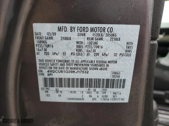 2009 Mercury Mariner with VIN 4M2CU81G39KJ17532, listed as a Copart auction lot 43907455 with 214,212 mi miles and Salvage Title. Bid and sale history available at carsss.com. Image 16.