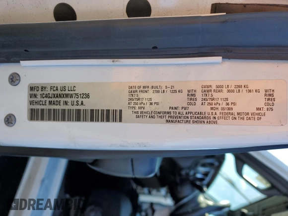 2021 Jeep Wrangler Sport S with VIN 1C4GJXANXMW751236, listed as a Copart auction lot 50683115 with 56,325 mi miles and Salvage Title. Bid and sale history available at DreamBid. Image 14.