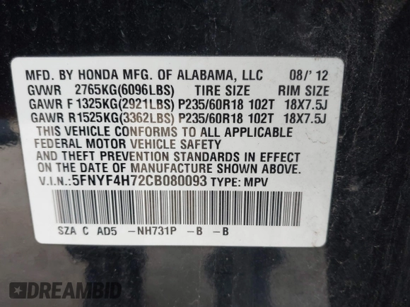 2012 Honda Pilot EX-L with VIN 5FNYF4H72CB080093, listed as a IAAI auction lot 41989095 with 147,900 mi miles and . Bid and sale history available at DreamBid. Image 9.