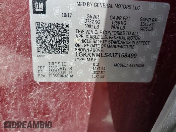 2018 GMC Acadia SLT with VIN 1GKKNMLS4JZ158499, listed as a Copart auction lot 56871215 with 80,744 mi miles and Salvage title. Bid and sale history available at DreamBid. Image 13.