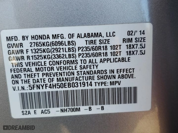 2014 Honda Pilot EX-L with VIN 5FNYF4H50EB031914, listed as a Copart auction lot 85314374 with 0 mi miles and Salvage Title. Bid and sale history available at carsss.com. Image 13.