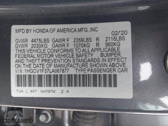 2020 Honda Accord Sedan Sport with VIN 1HGCV1F37LA067877, listed as a IAAI auction lot 41867556 with 79,918 mi miles. Bid and sale history available at carsss.com. Image 9.
