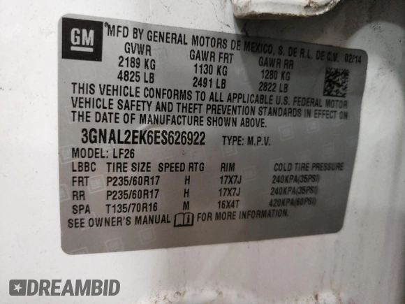 2014 Chevrolet Captiva Sport LS with VIN 3GNAL2EK6ES626922, listed as a Copart auction lot 53092604 with 100,690 mi miles and Non Repairable. Bid and sale history available at DreamBid. Image 14.