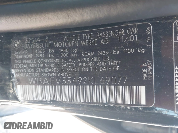 2002 BMW 3 Series 325i с VIN WBAEV33492KL69077, выставлен на аукционе IAAI как лот 42472256 с пробегом 109 788 миль миль и . История ставок и продаж доступна на DreamBid. Изображение 9.