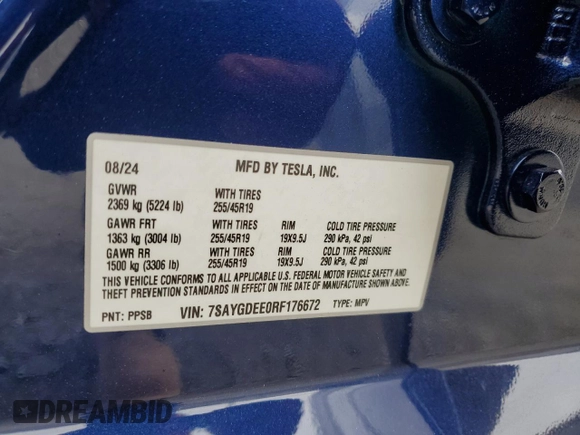 2024 Tesla Model Y Long Range with VIN 7SAYGDEE0RF176672, listed as a Copart auction lot 55622355 with 6,728 mi miles and Salvage title. Bid and sale history available at DreamBid. Image 13.