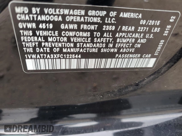 2015 Volkswagen Passat Limited Edition Edition z VIN 1VWAT7A3XFC122544, wystawiony jako Copart lot #55163774 z przebiegiem 125 774 mil mil oraz Szkoda całkowita • Salvage title. Historia ofert i sprzedaży dostępna na DreamBid. Obrazek 12.