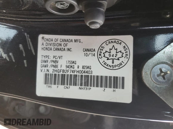 2015 Honda Civic Sedan SE with VIN 2HGFB2F74FH004403, listed as a Copart auction lot 46872685 with 210,960 mi miles and Salvage Title. Bid and sale history available at carsss.com. Image 12.