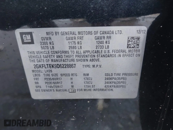 2013 GMC Terrain SLE with VIN 2GKFLTEK9D6228867, listed as a IAAI auction lot 41465053 with 168,150 mi miles and . Bid and sale history available at DreamBid. Image 9.