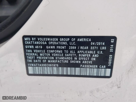 2014 Volkswagen Passat Wolfsburg Ed with VIN 1VWAT7A33EC091975, listed as a IAAI auction lot 41489344 with 97,306 mi miles. Bid and sale history available at carsss.com. Image 9.