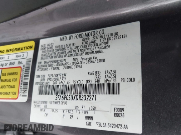 2013 Ford Fusion Titanium with VIN 3FA6P0SUXDR332271, listed as a IAAI auction lot 42174434 with 201,404 mi miles and . Bid and sale history available at DreamBid. Image 9.