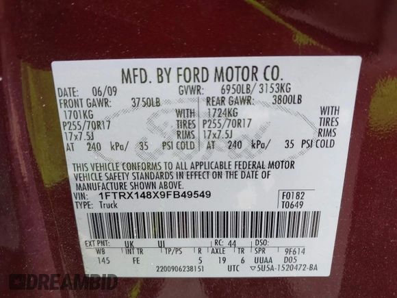 2009 Ford F-150 STX с VIN 1FTRX148X9FB49549, выставлен на аукционе IAAI как лот 42321152 с пробегом 143 956 миль миль и . История ставок и продаж доступна на DreamBid. Изображение 9.
