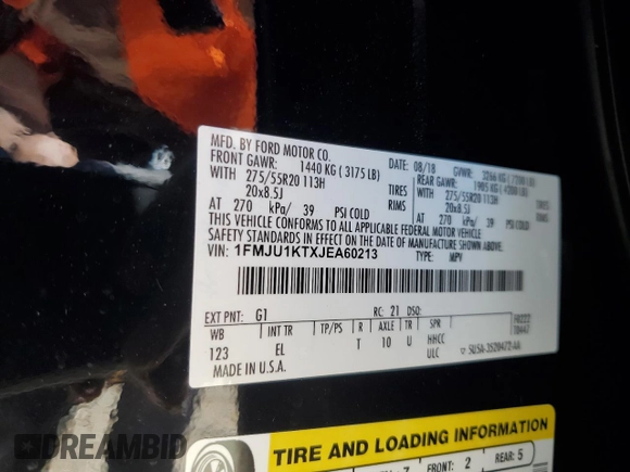 2018 Ford Expedition Limited with VIN 1FMJU1KTXJEA60213, listed as a Copart auction lot 55726335 with 124,852 mi miles and Salvage title. Bid and sale history available at DreamBid. Image 13.