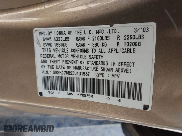 2003 Honda CR-V EX with VIN SHSRD78823U131587, listed as a IAAI auction lot 42158251 with 226,155 mi miles and . Bid and sale history available at carsss.com. Image 9.