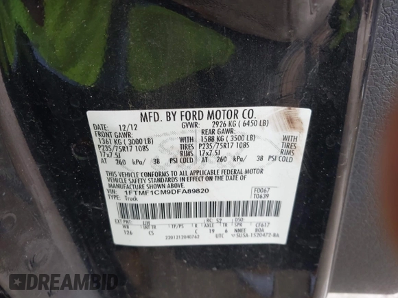 2013 Ford F-150 XL with VIN 1FTMF1CM9DFA89820, listed as a IAAI auction lot 42129157 with Not Provided miles and . Bid and sale history available at carsss.com. Image 9.