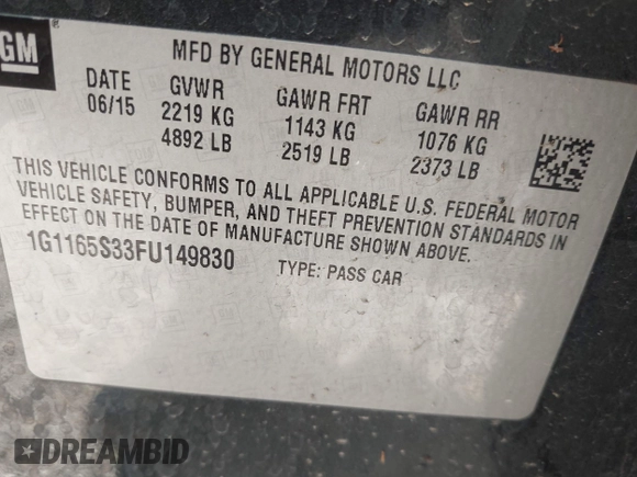 2015 Chevrolet Impala LTZ with VIN 1G1165S33FU149830, listed as a IAAI auction lot 42019691 with 162,453 mi miles and . Bid and sale history available at DreamBid. Image 9.