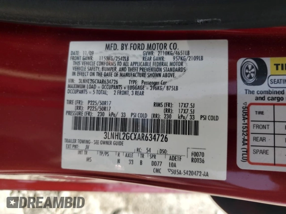 2010 Lincoln MKZ with VIN 3LNHL2GCXAR634726, listed as a Copart auction lot 50643935 with 182,137 mi miles and Non Repairable. Bid and sale history available at carsss.com. Image 12.