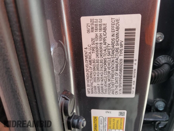 2021 Honda Pilot EX-L with VIN 5FNYF6H5XMB092939, listed as a Copart auction lot 52335875 with 19,981 mi miles and Salvage title. Bid and sale history available at DreamBid. Image 14.