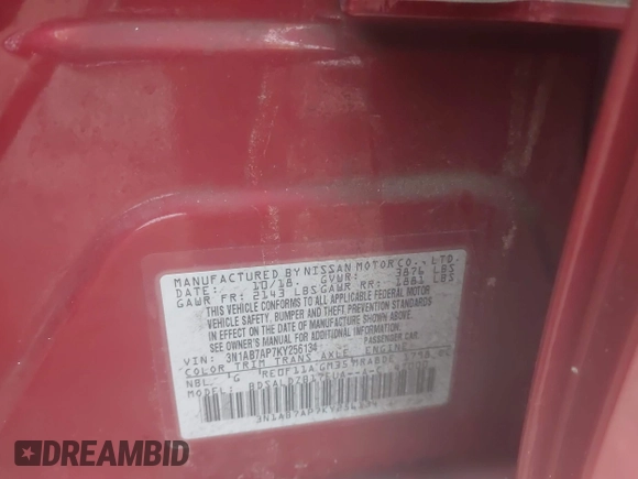2019 Nissan Sentra S z VIN 3N1AB7AP7KY256134, wystawiony jako IAAI lot #41512289 z przebiegiem Nie podano mil oraz . Historia ofert i sprzedaży dostępna na DreamBid. Obrazek 9.