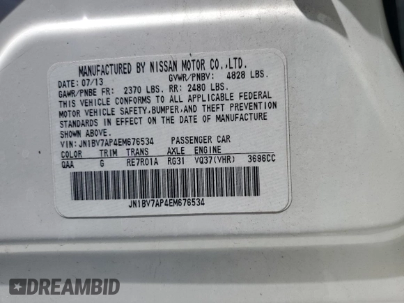 2014 Infiniti Q50 with VIN JN1BV7AP4EM676534, listed as a Copart auction lot 60830545 with 94,948 mi miles and Salvage title. Bid and sale history available at DreamBid. Image 12.