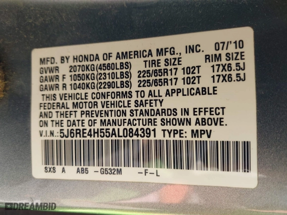 2010 Honda CR-V EX with VIN 5J6RE4H55AL084391, listed as a IAAI auction lot 42114953 with 236,048 mi miles. Bid and sale history available at carsss.com. Image 9.