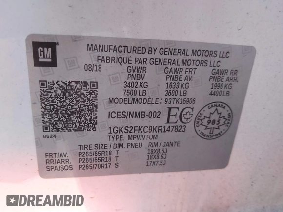 2019 GMC Yukon XL SLE z VIN 1GKS2FKC9KR147823, wystawiony jako IAAI lot #41571738 z przebiegiem 95 764 mil mil oraz . Historia ofert i sprzedaży dostępna na DreamBid. Obrazek 9.