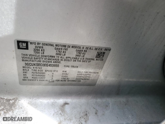 2014 Chevrolet Silverado 1500 LTZ with VIN 3GCUKSEC0EG453855, listed as a Copart auction lot 46434885 with 0 mi miles and Salvage Title. Bid and sale history available at carsss.com. Image 14.