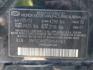 2013 Hyundai Sonata Limited with VIN 5NPEC4AC5DH541163, listed as a IAAI auction lot 41823970 with 117,286 mi miles and . Bid and sale history available at carsss.com. Image 9.