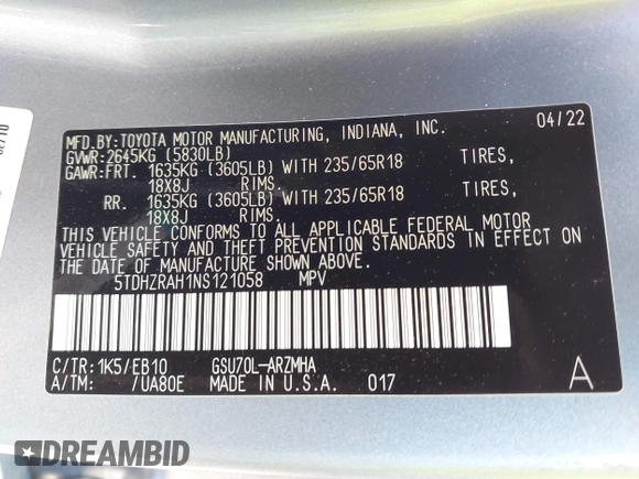 2022 Toyota Highlander XLE z VIN 5TDHZRAH1NS121058, wystawiony jako IAAI lot #41992011 z przebiegiem 40 181 mil mil oraz . Historia ofert i sprzedaży dostępna na DreamBid. Obrazek 9.