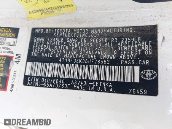 2011 Toyota Camry LE z VIN 4T1BF3EK8BU728563, wystawiony jako IAAI lot #41783543 z przebiegiem 294 062 mil mil oraz . Historia ofert i sprzedaży dostępna na DreamBid. Obrazek 9.