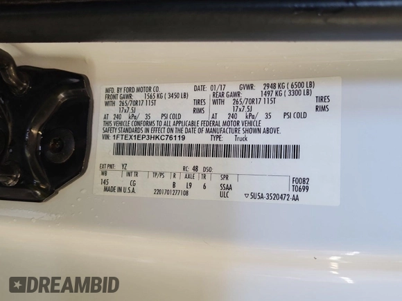2017 Ford F-150 XL with VIN 1FTEX1EP3HKC76119, listed as a IAAI auction lot 42844369 with 193,396 mi miles and . Bid and sale history available at DreamBid. Image 18.