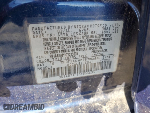 2016 Nissan Sentra S with VIN 3N1AB7AP1GY215635, listed as a Copart auction lot 48471345 with 141,569 mi miles and Clean Title. Bid and sale history available at carsss.com. Image 14.