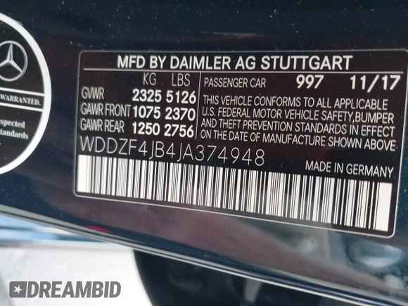 2018 Mercedes-Benz E-Class E 300 with VIN WDDZF4JB4JA374948, listed as a IAAI auction lot 41513301 with 57,579 mi miles. Bid and sale history available at carsss.com. Image 9.