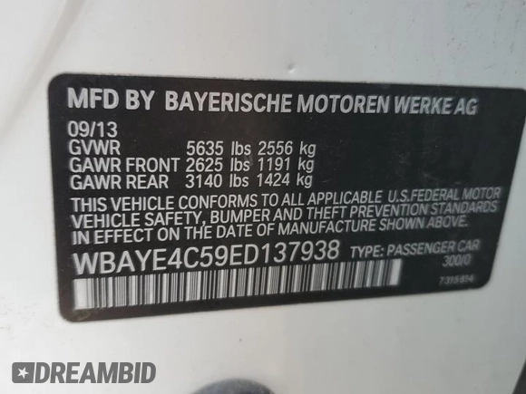 2014 BMW 7 Series 740Li with VIN WBAYE4C59ED137938, listed as a Copart auction lot 55281005 with 146,659 mi miles and Salvage Title. Bid and sale history available at carsss.com. Image 12.