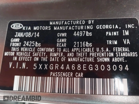2014 Kia Optima SXL Turbo with VIN 5XXGR4A68EG303094, listed as a IAAI auction lot 42207175 with 105,521 mi miles and . Bid and sale history available at DreamBid. Image 9.