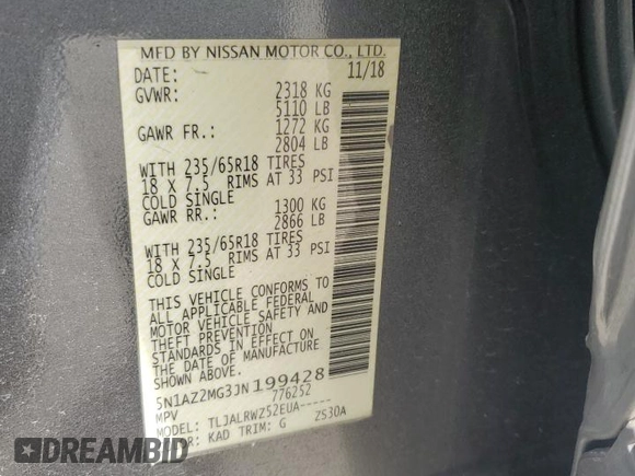 2018 Nissan Murano S with VIN 5N1AZ2MG3JN199428, listed as a Copart auction lot 45089395 with 180,385 mi miles and Salvage Title. Bid and sale history available at DreamBid. Image 13.