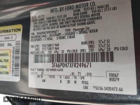 2015 Ford Fusion SE with VIN 3FA6P0H7XFR249671, listed as a IAAI auction lot 39251180 with Not Provided miles and . Bid and sale history available at DreamBid. Image 9.