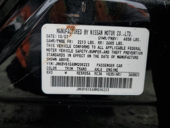 2008 Infiniti G35 Journey with VIN JNKBV61E48M206223, listed as a Copart auction lot 52557765 with 113,529 mi miles and Salvage Title. Bid and sale history available at DreamBid. Image 12.