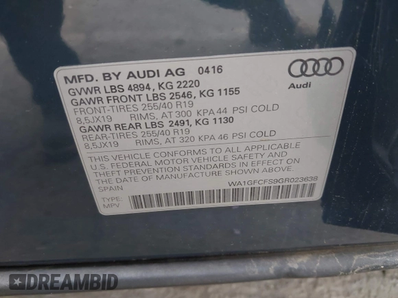 2016 Audi Q3 Prestige z VIN WA1GFCFS9GR023638, wystawiony jako IAAI lot #42028329 z przebiegiem 146 422 mil mil oraz . Historia ofert i sprzedaży dostępna na DreamBid. Obrazek 9.