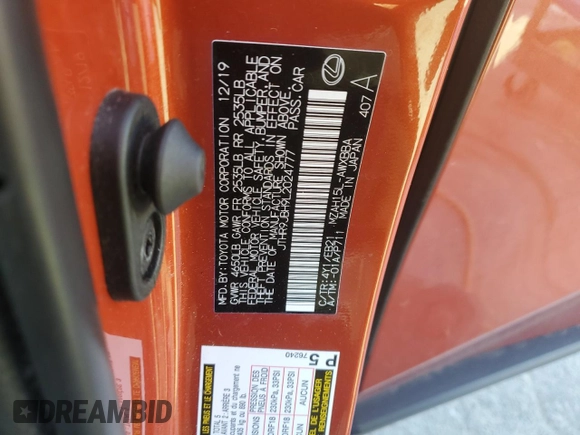 2020 Lexus UX 250h F Sport with VIN JTHR9JBH9L2024777, listed as a Copart auction lot 48726805 with 34,462 mi miles and Salvage title. Bid and sale history available at DreamBid. Image 12.