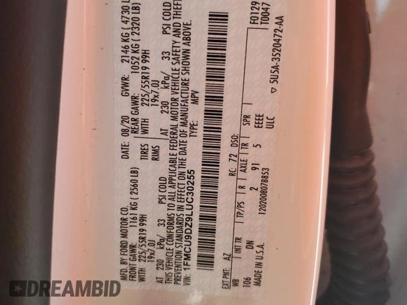 2020 Ford Escape Titanium Hybrid with VIN 1FMCU9DZ9LUC30255, listed as a Copart auction lot 59558215 with 46,303 mi miles and Salvage title. Bid and sale history available at DreamBid. Image 13.