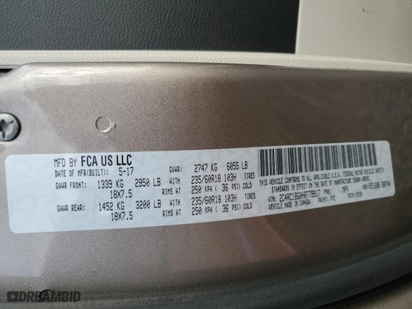 2017 Chrysler Pacifica Touring-L with VIN 2C4RC1BG0HR779917, listed as a Copart auction lot 51521515 with 95,856 mi miles and Salvage Title. Bid and sale history available at carsss.com. Image 13.