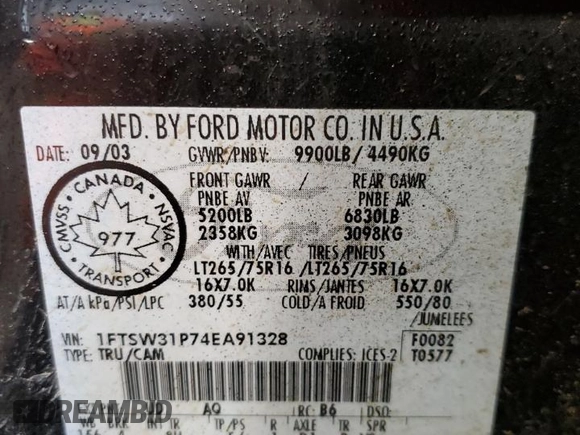 2004 Ford F-350 XL with VIN 1FTSW31P74EA91328, listed as a Copart auction lot 85856984 with 291,033 mi miles and Salvage Title. Bid and sale history available at DreamBid. Image 12.