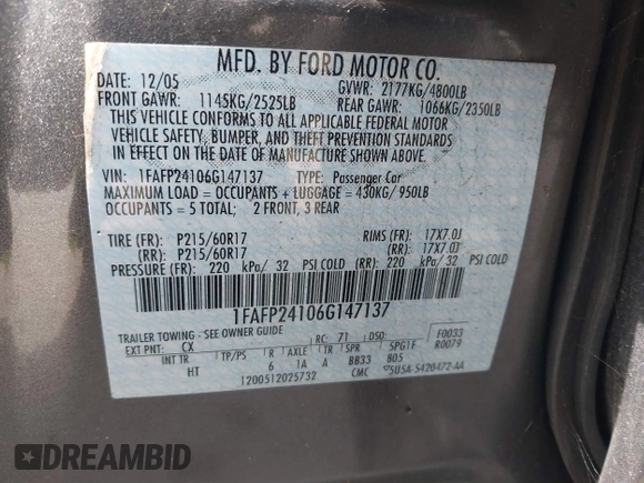 2006 Ford Five Hundred SEL with VIN 1FAFP24106G147137, listed as a IAAI auction lot 41823911 with 132,936 mi miles. Bid and sale history available at carsss.com. Image 9.