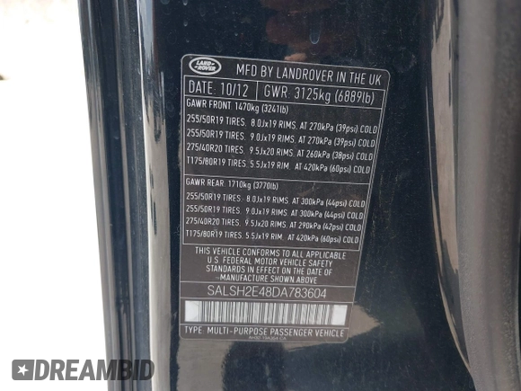 2013 Land Rover Range Rover Sport SC с VIN SALSH2E48DA783604, выставлен на аукционе IAAI как лот 42532055 с пробегом 127 521 миль миль и . История ставок и продаж доступна на DreamBid. Изображение 9.