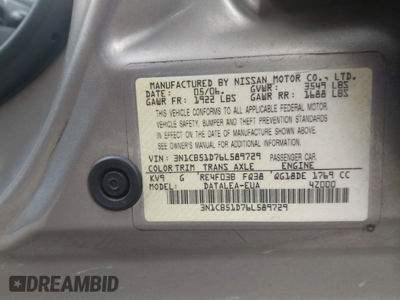 2006 Nissan Sentra S with VIN 3N1CB51D76L589729, listed as a IAAI auction lot 42041429 with 205,340 mi miles and . Bid and sale history available at DreamBid. Image 9.
