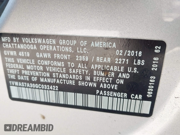 2016 Volkswagen Passat S with VIN 1VWAS7A30GC032422, listed as a IAAI auction lot 41533743 with 176,142 mi miles and . Bid and sale history available at DreamBid. Image 9.