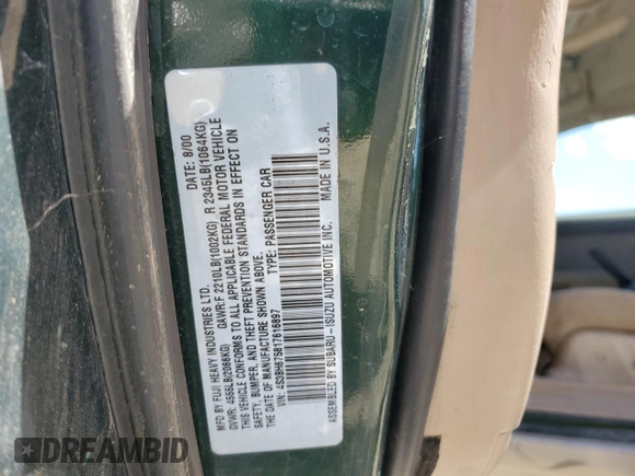 2001 Subaru Legacy Outback with VIN 4S3BH675817616897, listed as a Copart auction lot 59056125 with 120,652 mi miles and Clean title. Bid and sale history available at DreamBid. Image 12.