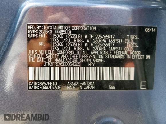 2014 Toyota RAV4 LE с VIN JTMZFREV5ED034305, выставлен на аукционе Copart как лот 61280595 с пробегом 144 563 миль миль и Списание • Salvage title. История ставок и продаж доступна на DreamBid. Изображение 13.